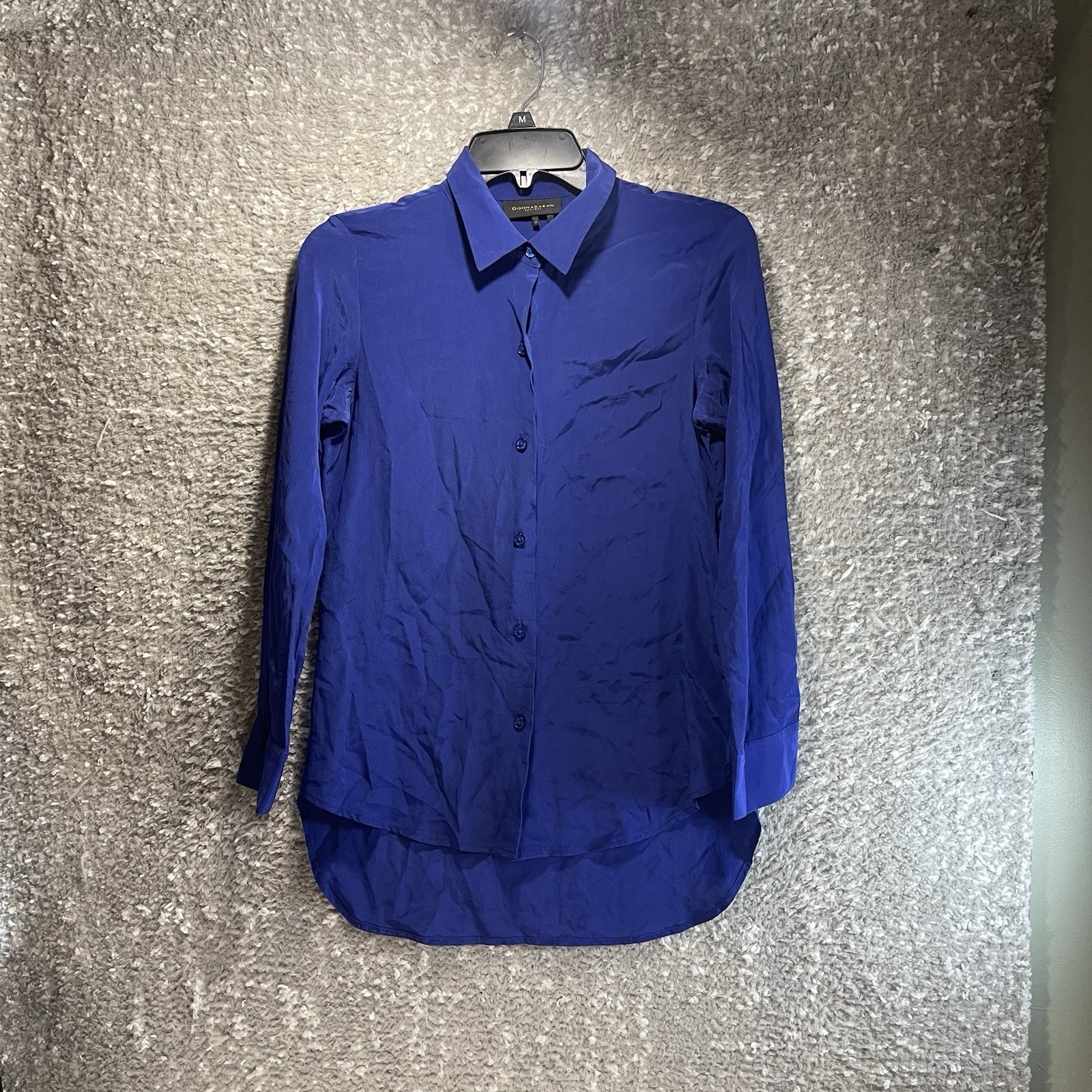 Donna Karan Womens Silk Blue Button Up Long Sleeve Career Office Shirt Xs Preppy
